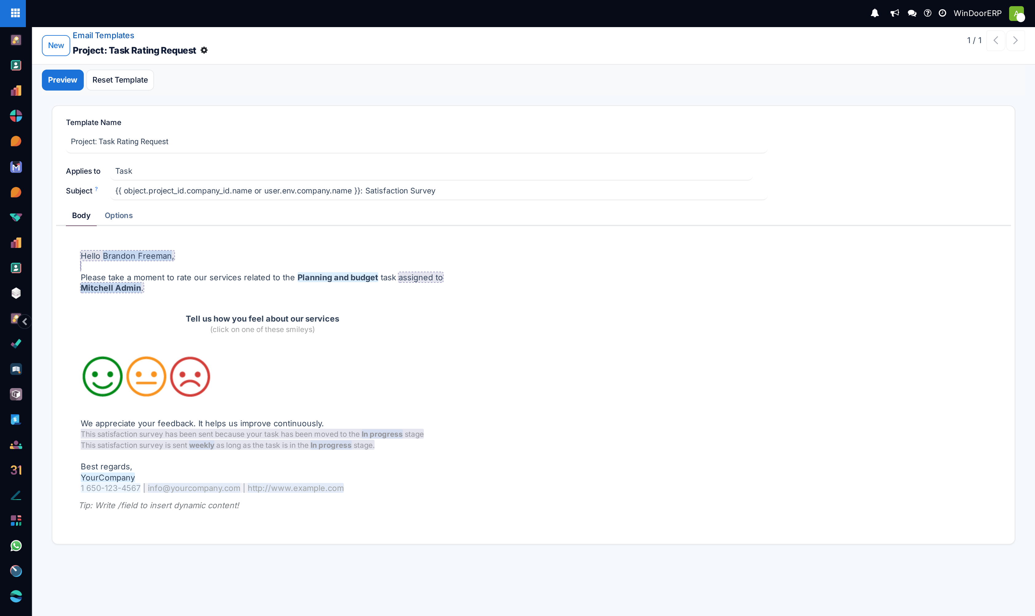 An email template form on its Body tab, with placeholder chips in the text and the Preview and Reset Template buttons in the header