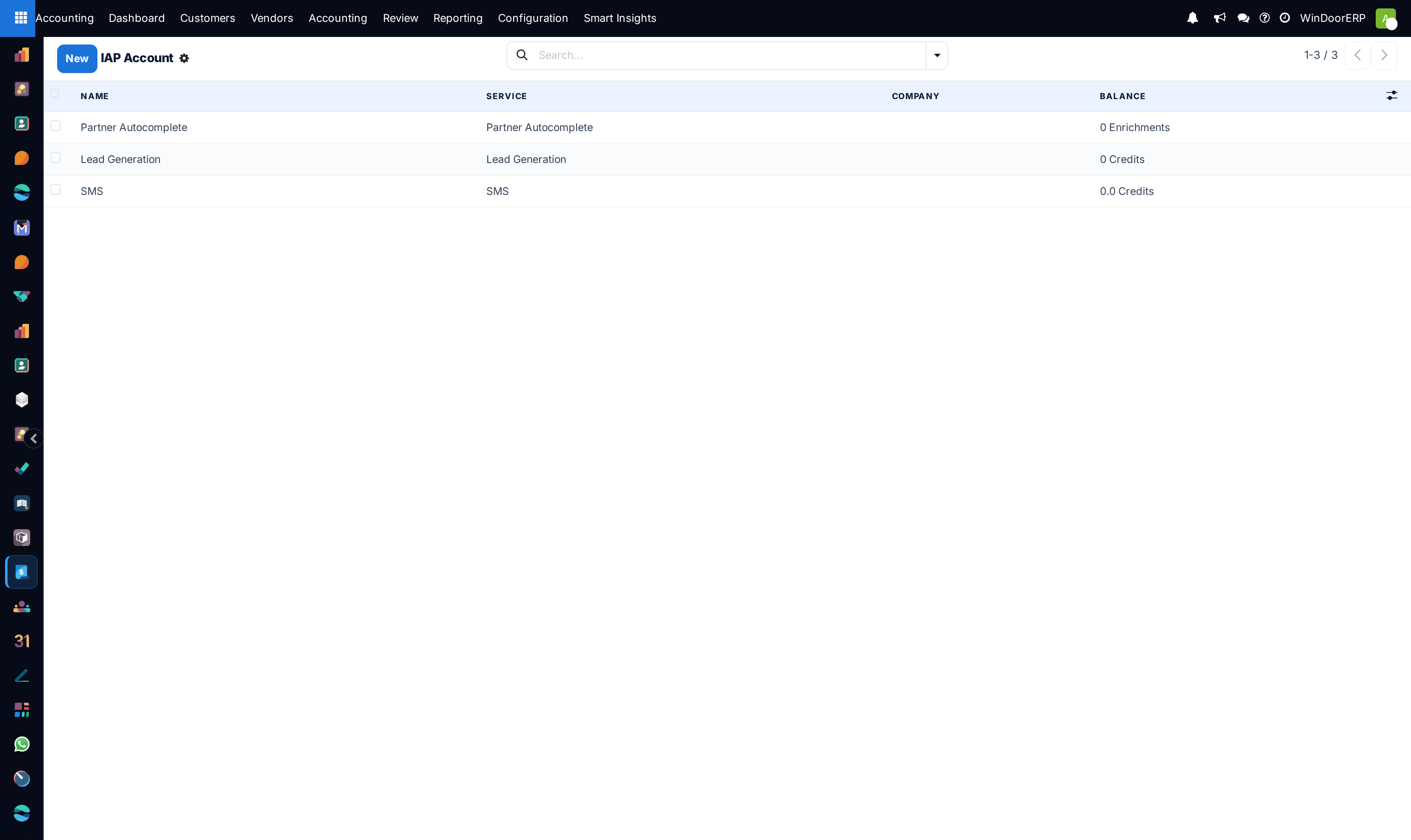 The IAP Account list on a fresh WindoorERP database: Partner Autocomplete, Lead Generation and SMS accounts, every balance at zero
