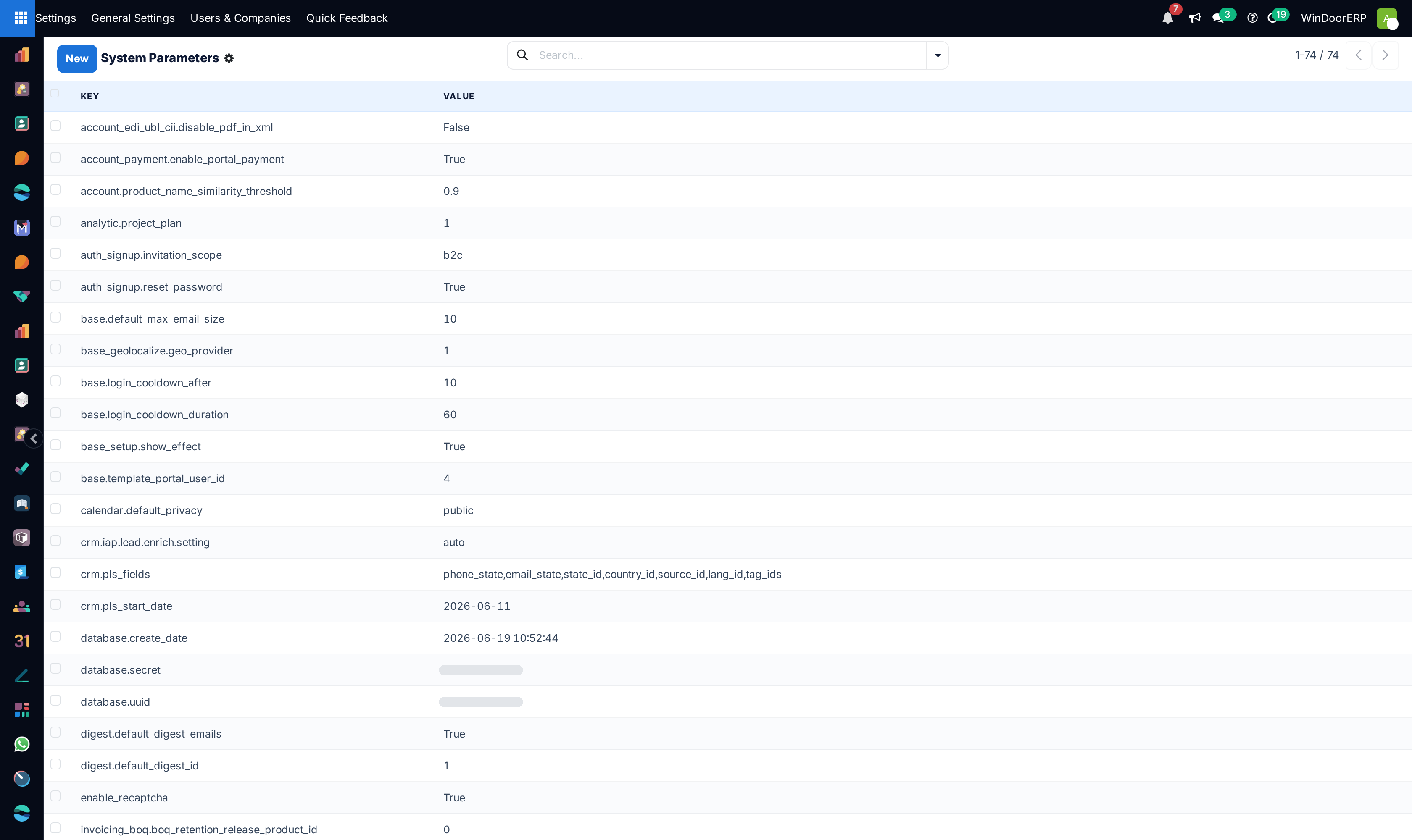 The System Parameters list: key–value rows for signup, cooldowns, digest and database identity — sensitive values belong on no screenshot, and are masked here