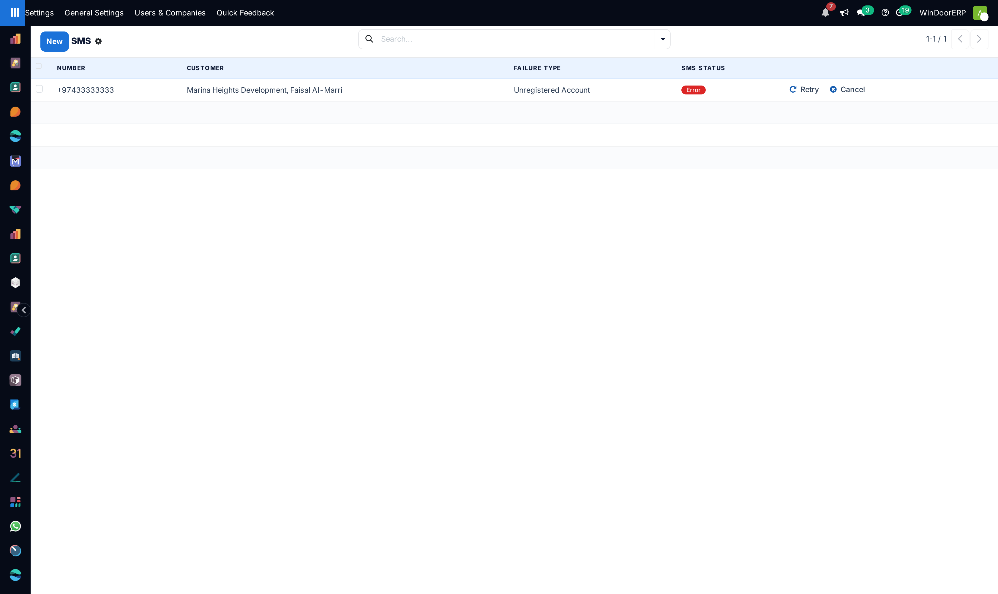 The SMS log on a database with no registered IAP account: one message in Error with failure type Unregistered Account, and per-row Retry and Cancel buttons