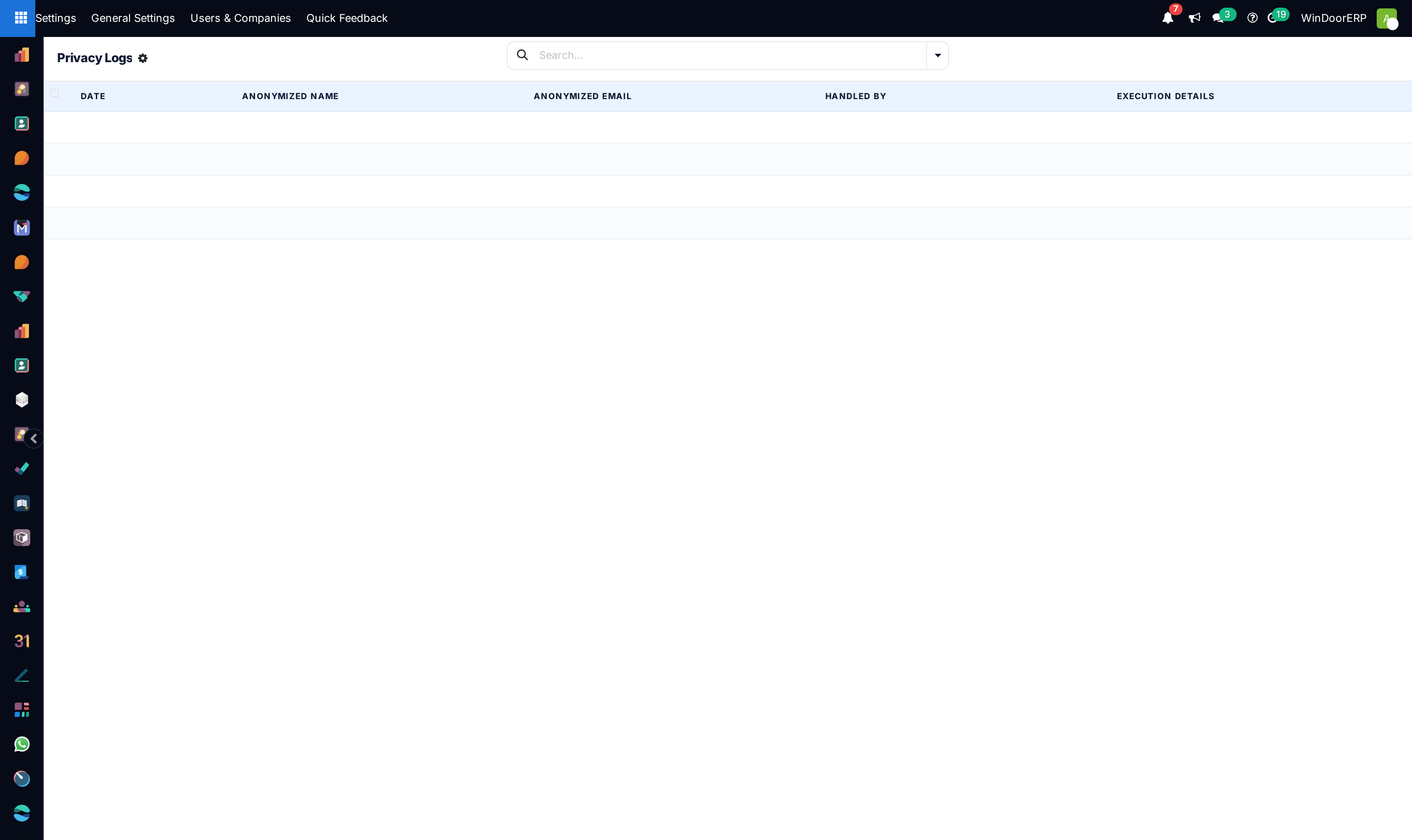 The Privacy Logs list — date, anonymized name and email, handled by, execution details. It stays empty until a Privacy Lookup actually archives or deletes something