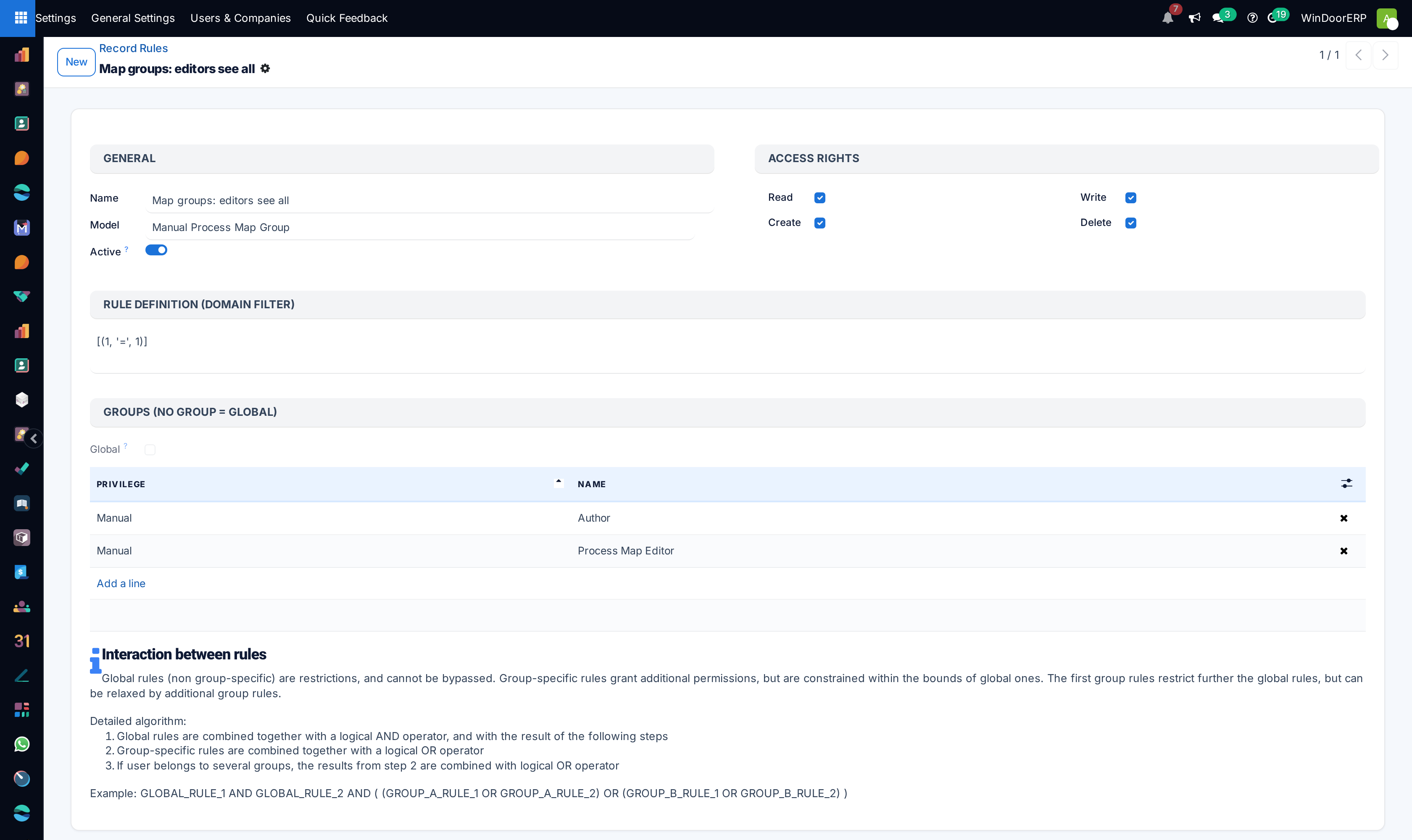 A record rule form: name, model, the four operation checkboxes, the domain filter, the groups list — and below it the form's own 'Interaction between rules' explainer with the AND/OR algorithm