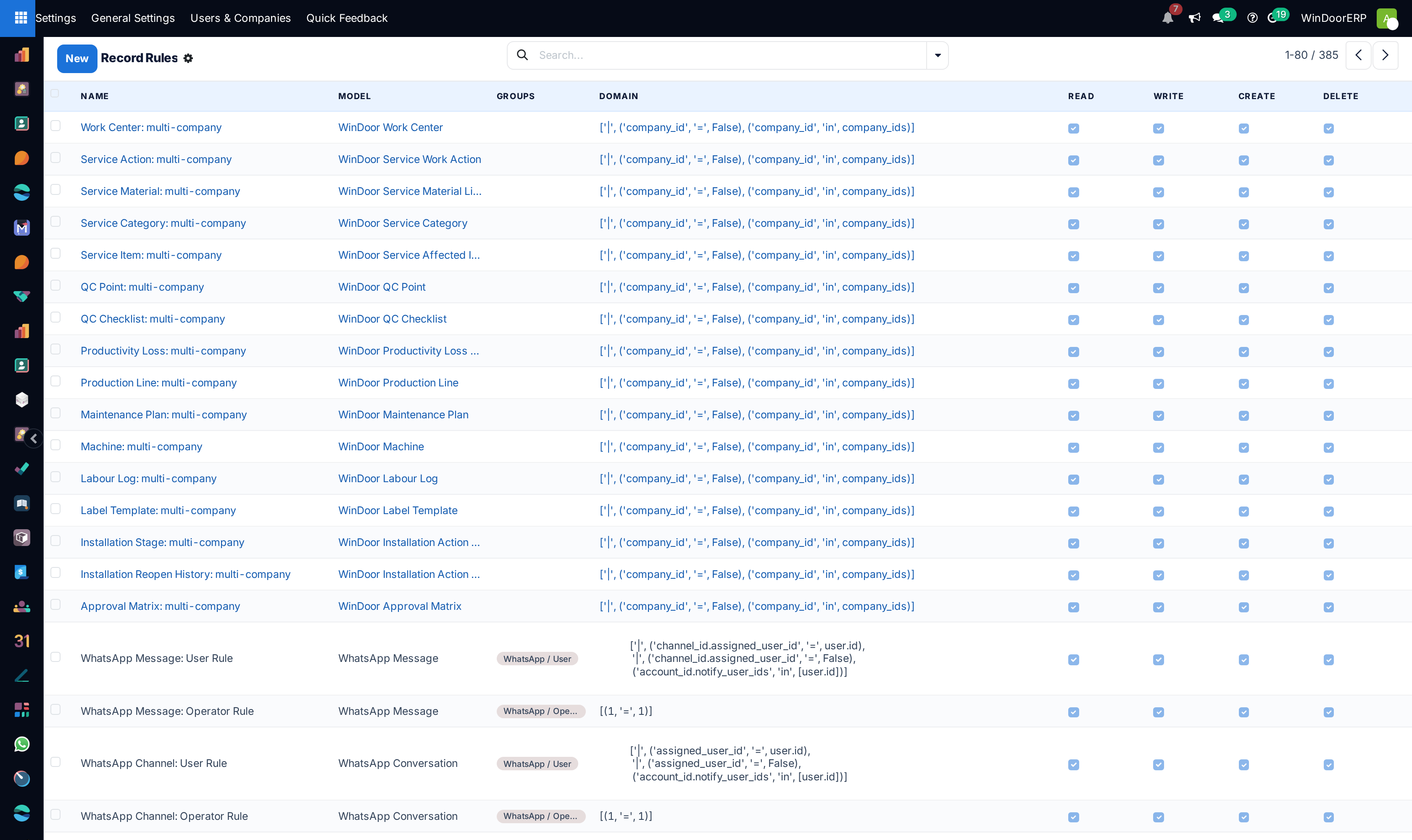 The Record Rules list: the multi-company rules with no group render as global (blue) rows, while the WhatsApp rules below them bind specific groups — each with its domain and four operation ticks