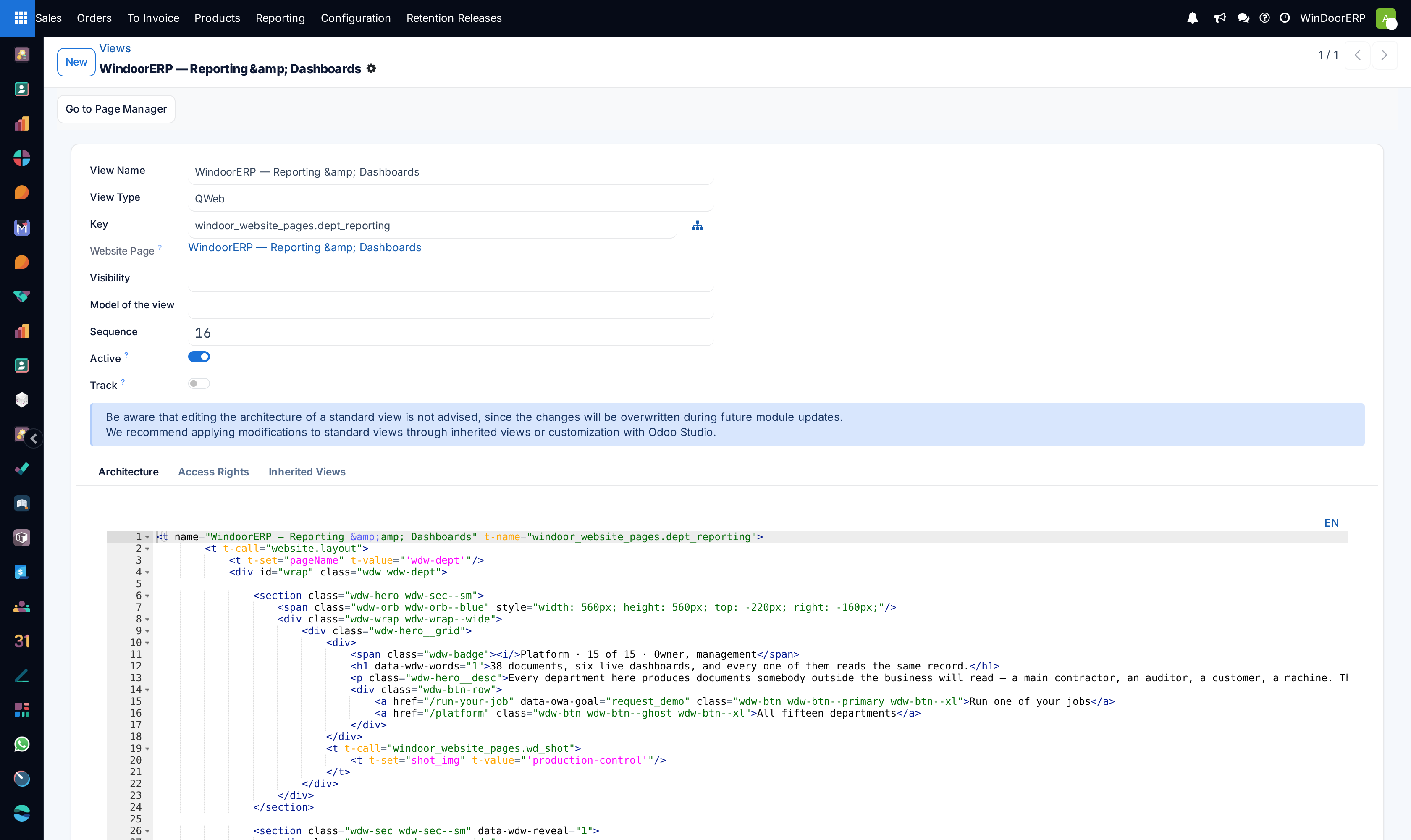 A view record: the XML architecture editor with the standing warning against editing standard views