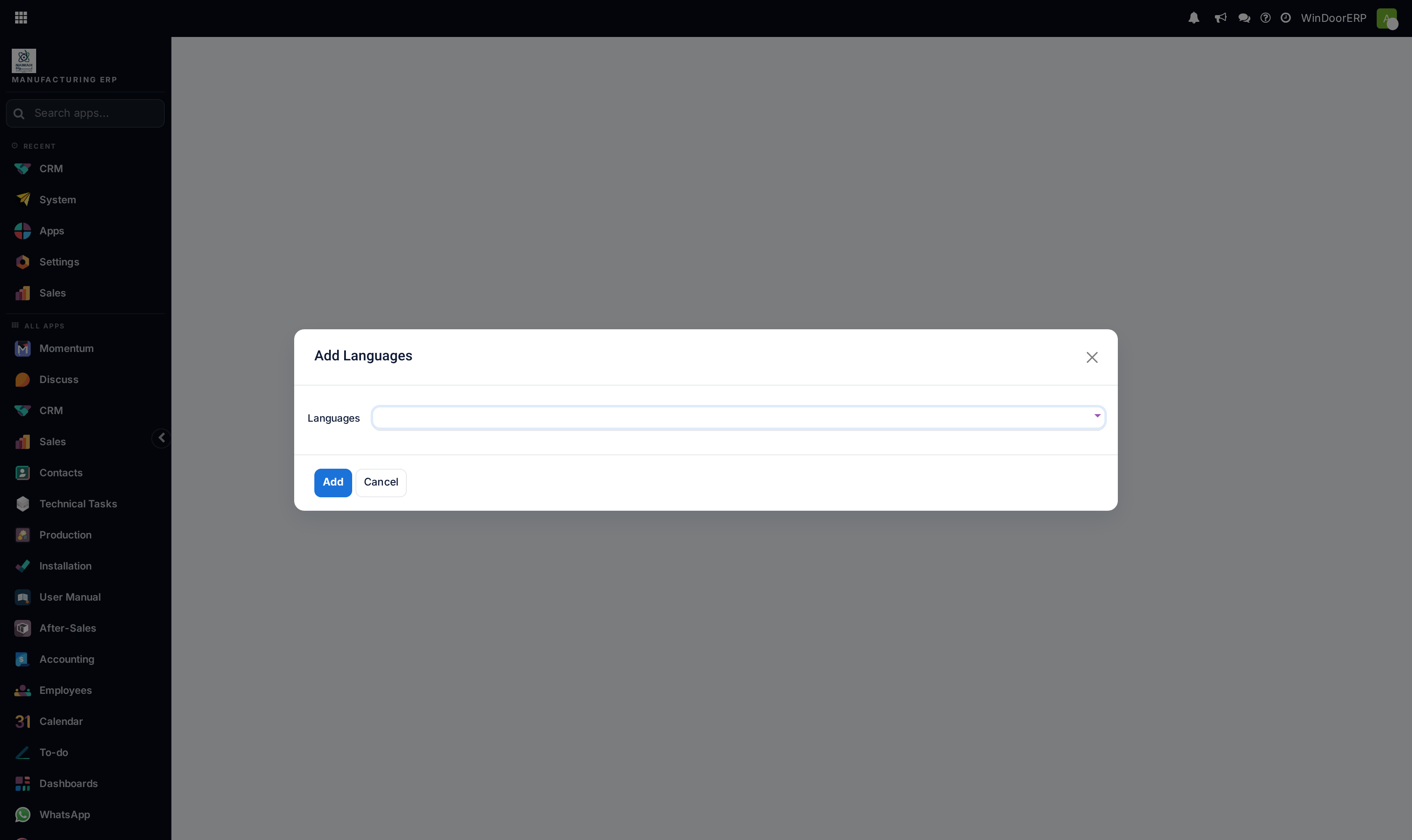 The Add Languages dialog with the Languages field and the Add button