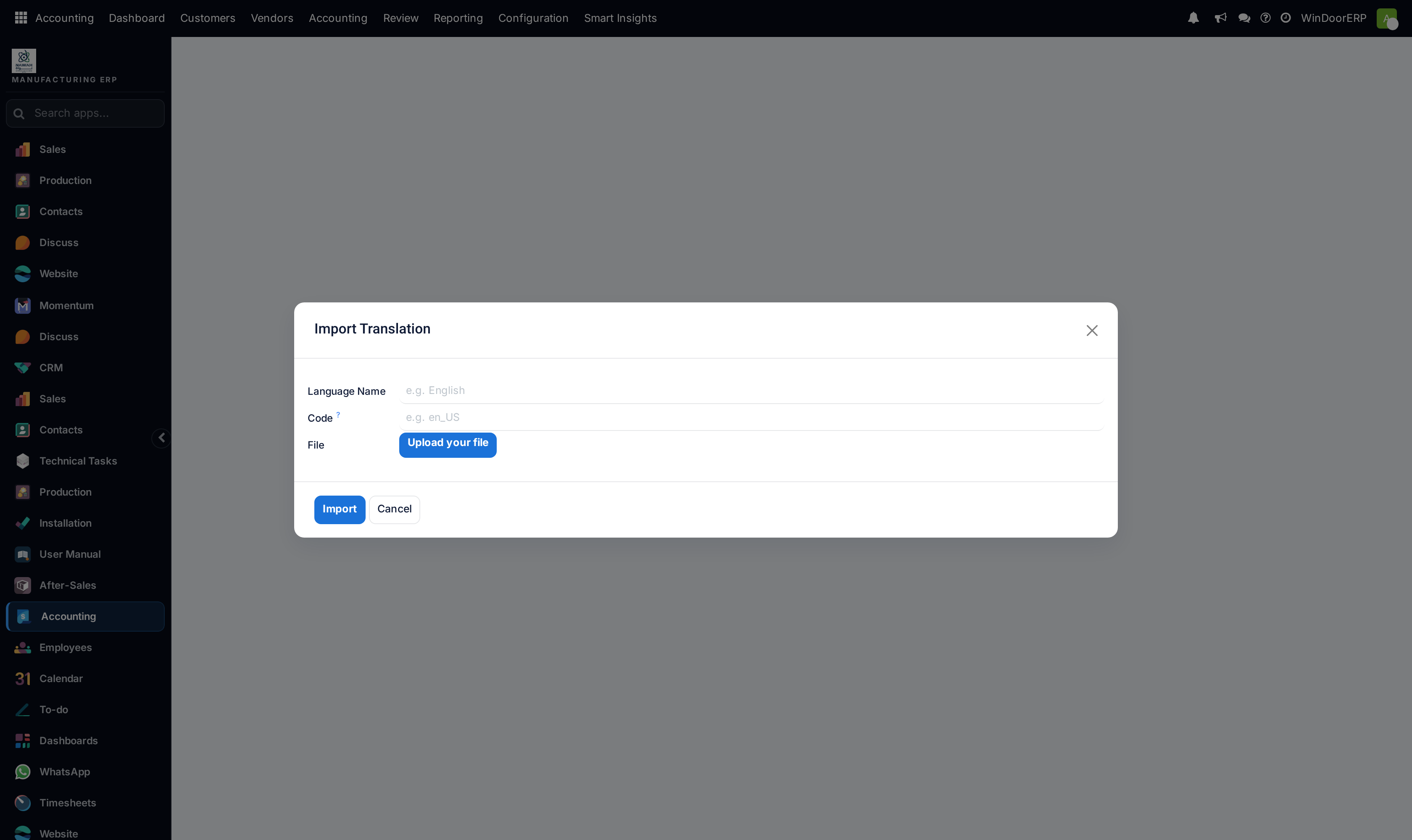 The Import Translation dialog: language name, code and the file to upload — the Overwrite Existing Terms option is invisible outside developer mode but still applies