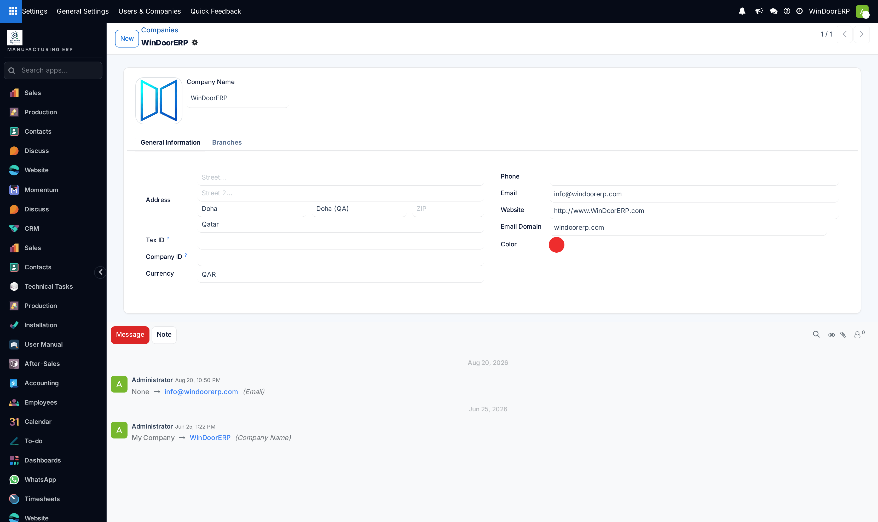 The company form: logo and name, address block, Tax ID, Company ID and currency on the left; phone, email, website, email domain and colour on the right; changes tracked in the chatter below