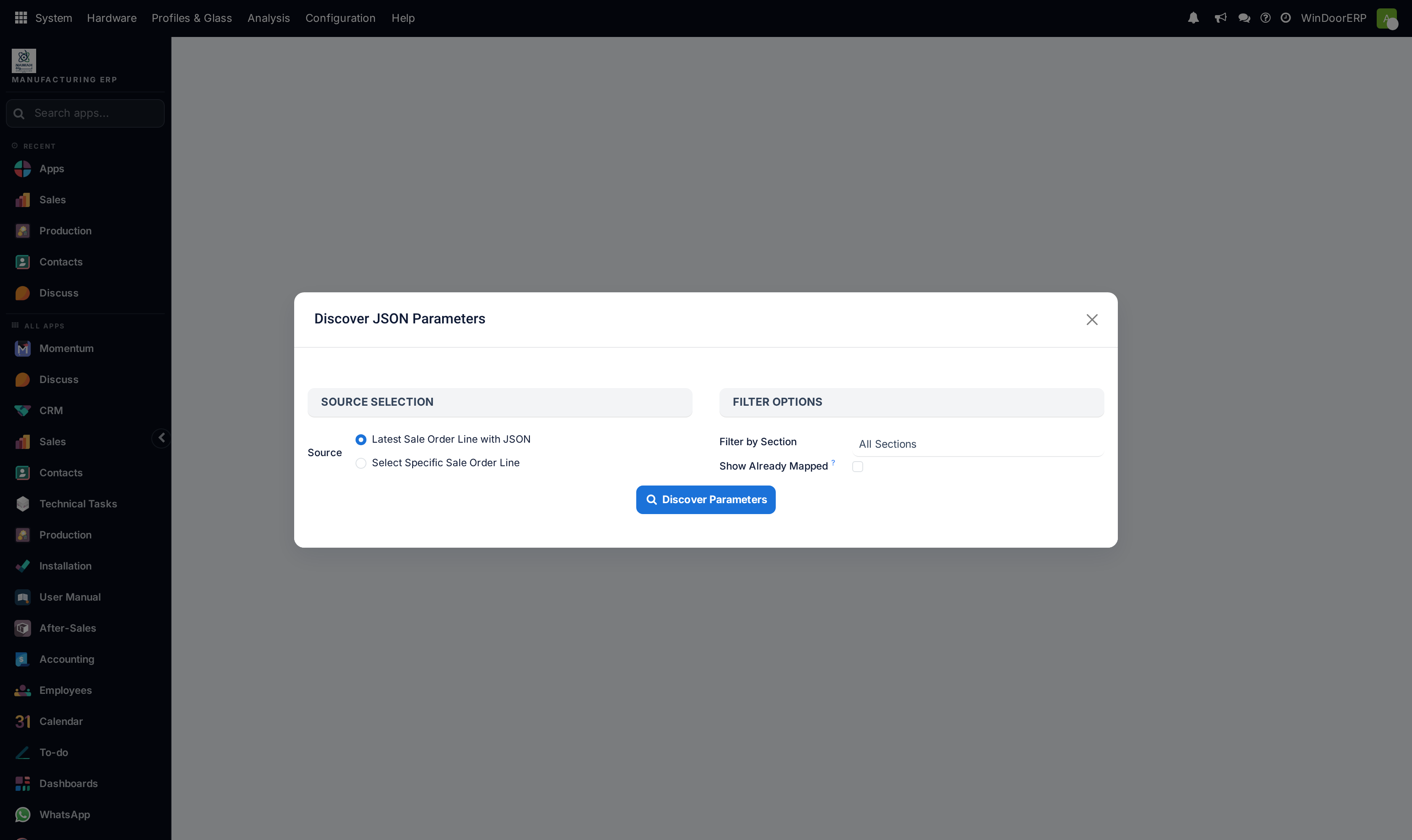 The Discover Parameters wizard listing the parameters found in a real design payload