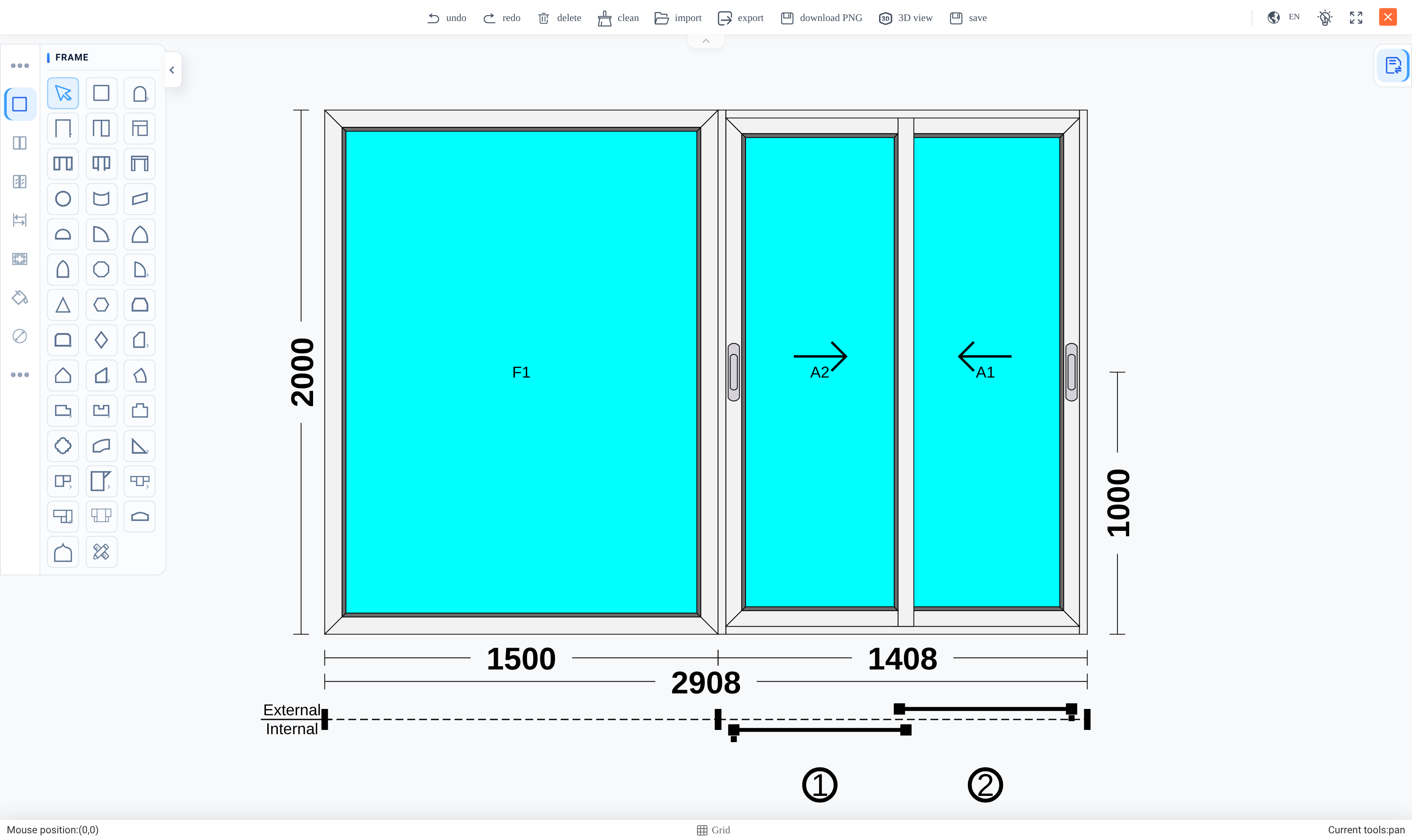 The FrameStudio designer with a drawn frame, its dimension chains and sash numbering