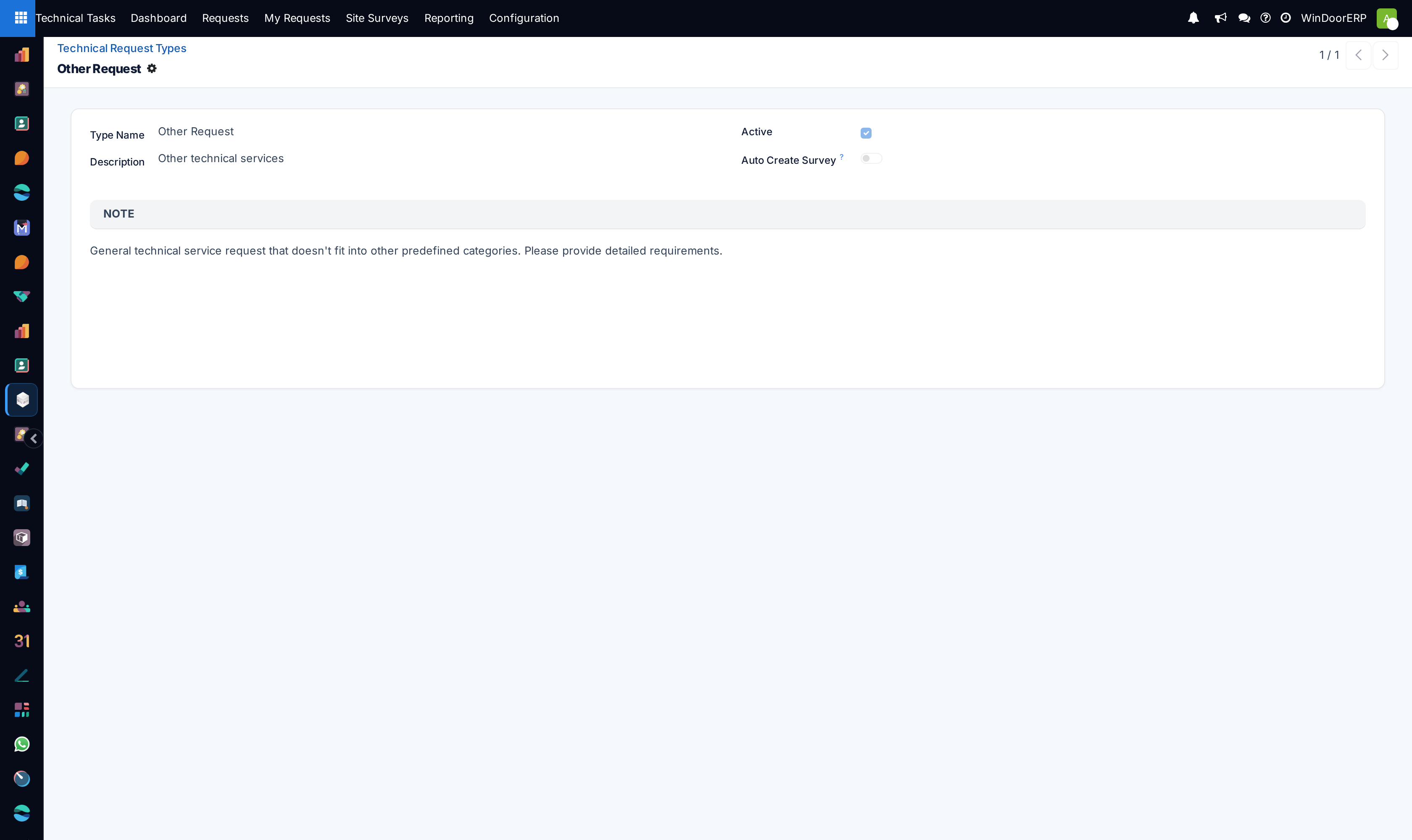 A request type form with Type Name, Description, the Active and Auto Create Survey toggles and the Note text shown to request creators