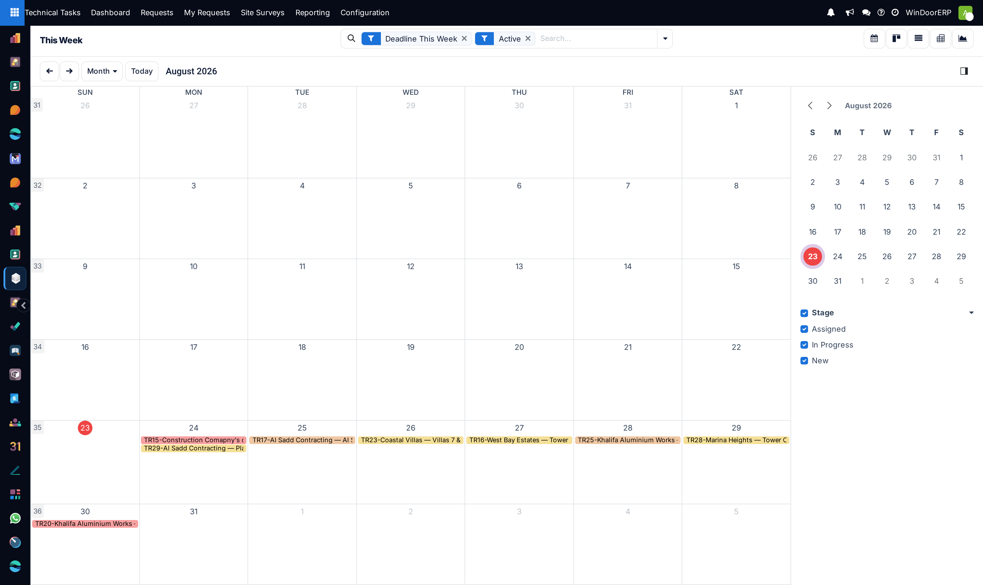 The This Week calendar showing the coming week's request deadlines as colored entries, with the Deadline This Week and Active filters applied