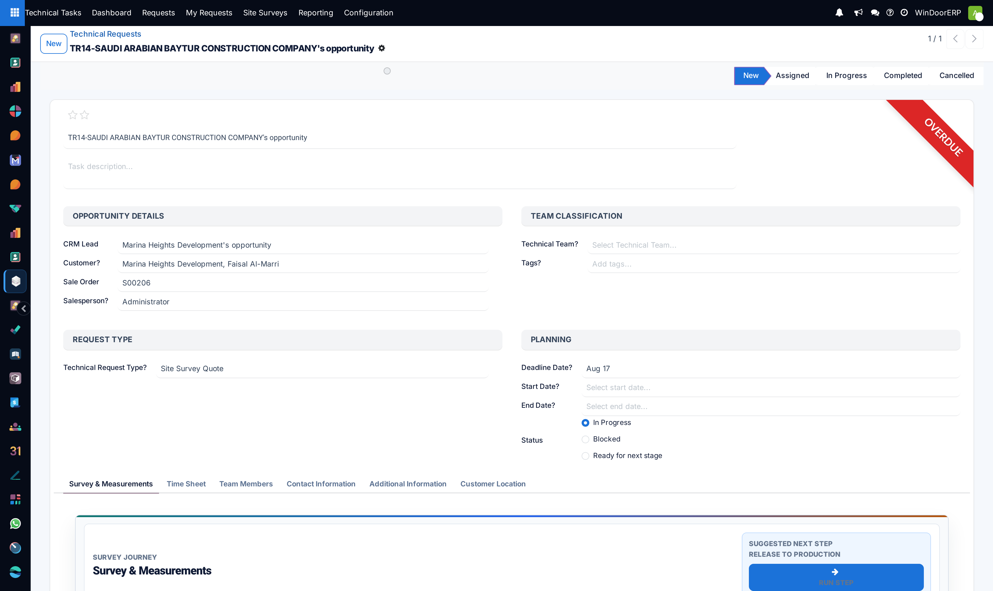 A technical request form showing the OVERDUE ribbon, the stage bar, the Opportunity Details, Team Classification, Request Type and Planning groups, and the Survey and Measurements tab