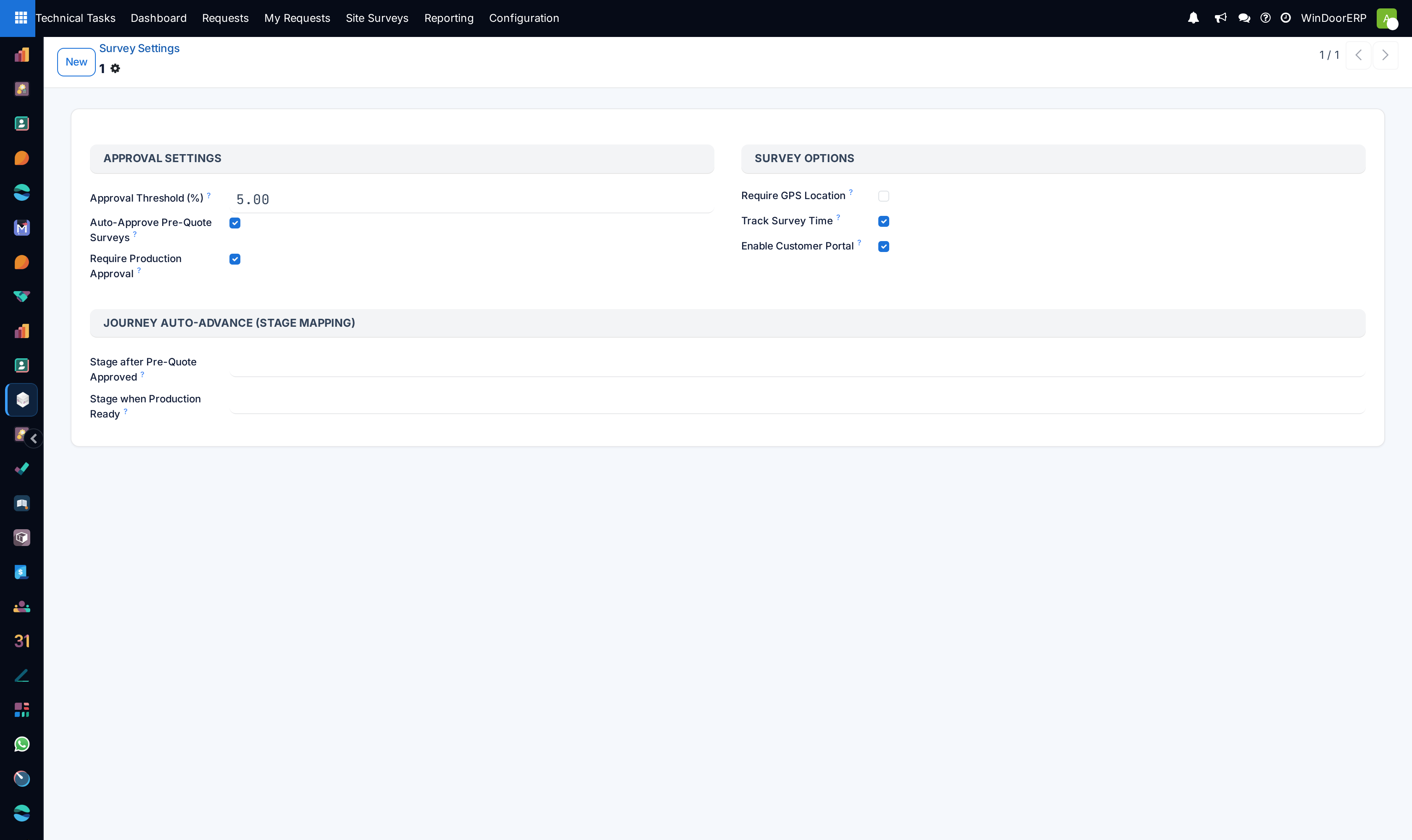 The Survey Settings form with the Approval Settings and Survey Options groups and the two Journey Auto-Advance stage pickers