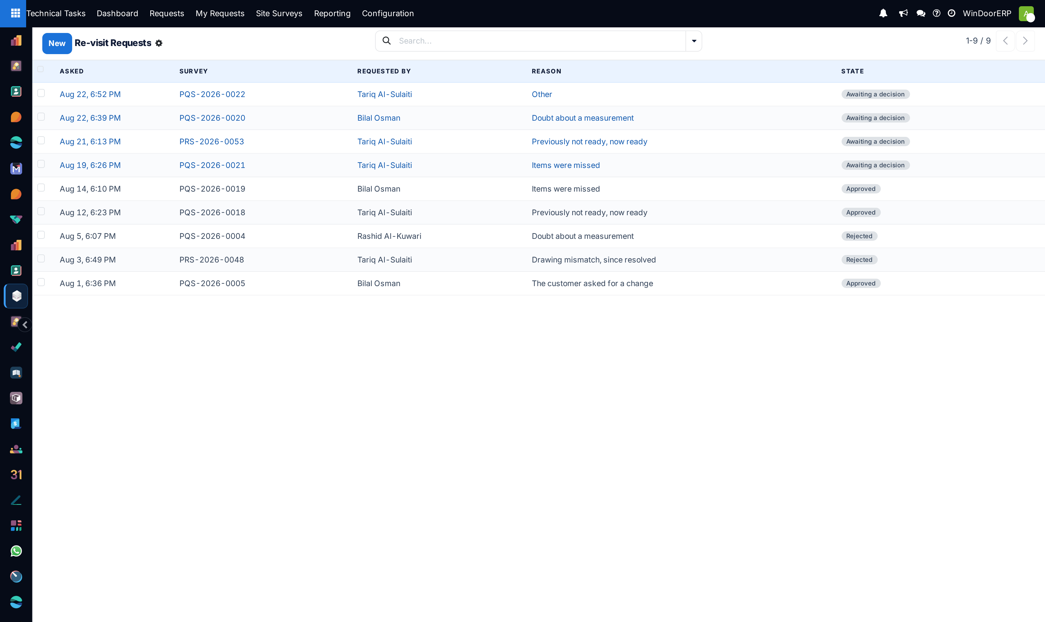 The Re-visit Requests list with the survey, requester, reason and state badge of each request