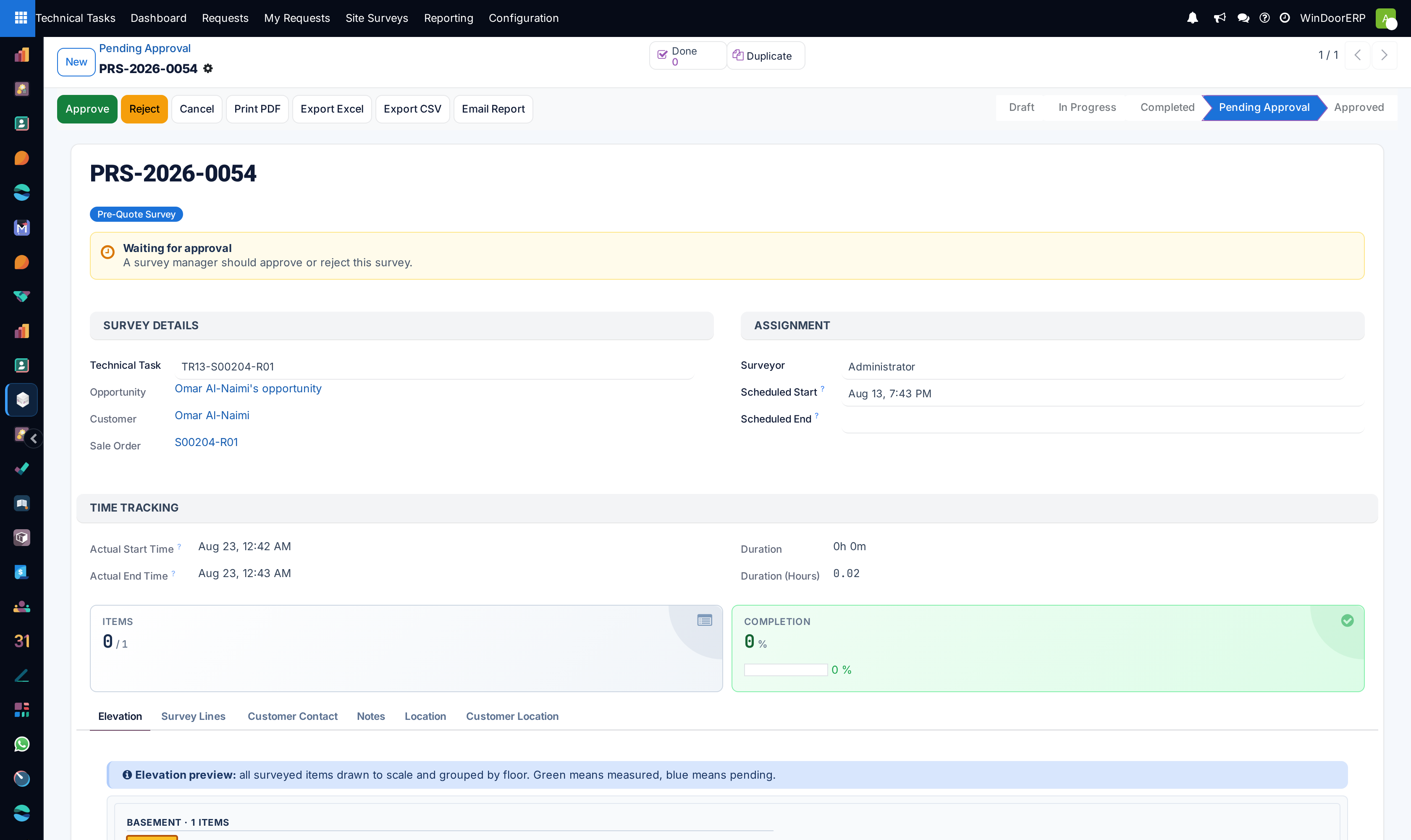 Production survey PRS-2026-0054 opened by URL from the Pending Approval queue and wrongly rendered in the pre-quote form: the badge reads Pre-Quote Survey and the production buttons and quoted columns are absent