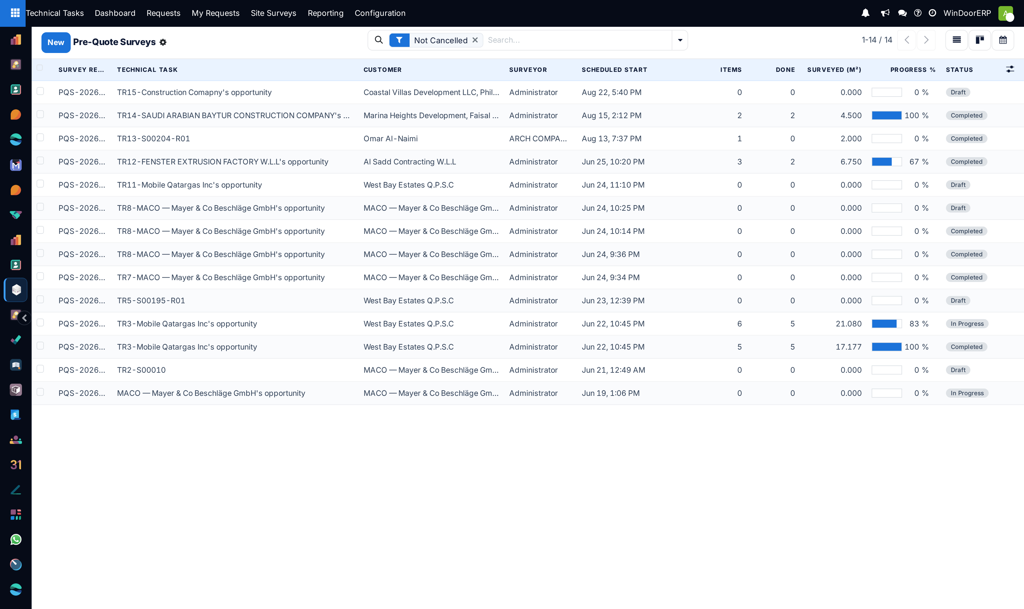 The Pre-Quote Surveys list filtered to Not Cancelled, with reference, technical task, customer, surveyor, scheduled start, item and done counts, surveyed square metres, a progress bar and the status badge
