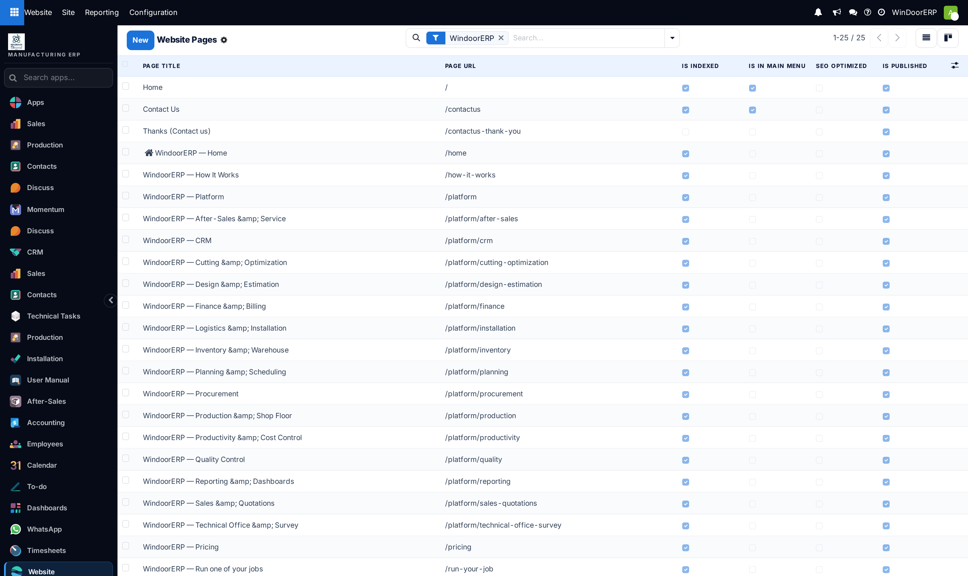 The Pages list with URL, Is Indexed, Is In Main Menu, SEO Optimized and Is Published flags per page