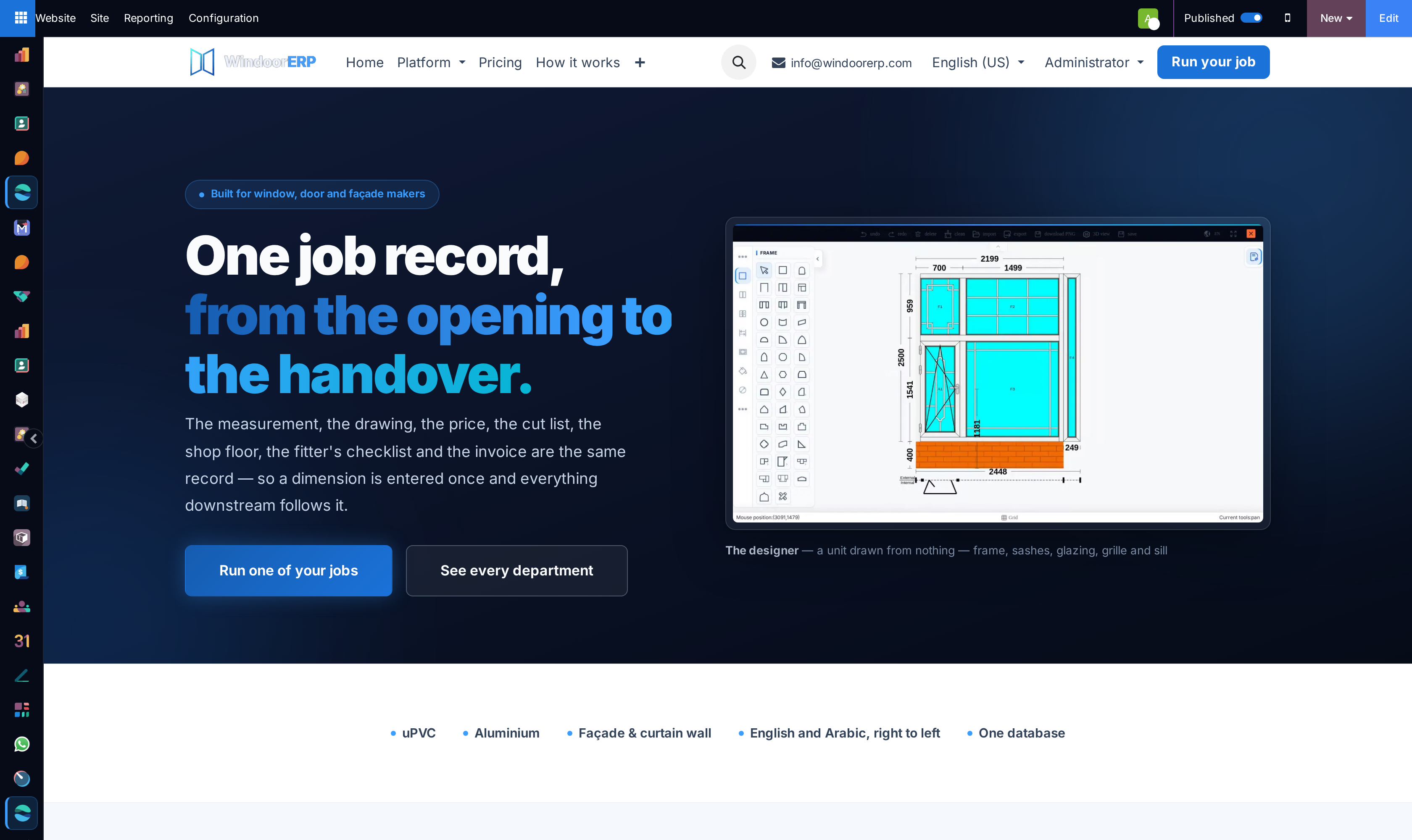 The homepage opened for editing inside WindoorERP, with the website edit bar